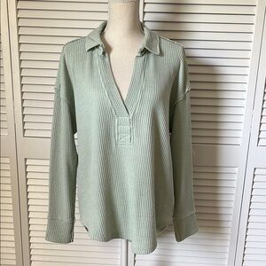 Green Waffle Knit Pullover Top